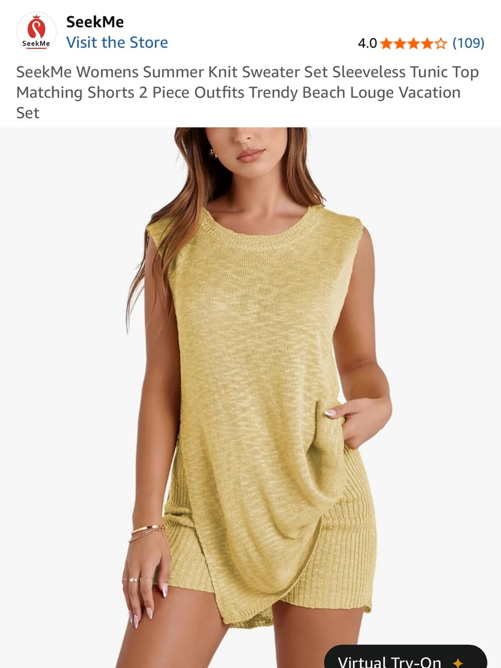 SeekMe Yellow Knit Tunic Top & Shorts 2 Piece Set Size L